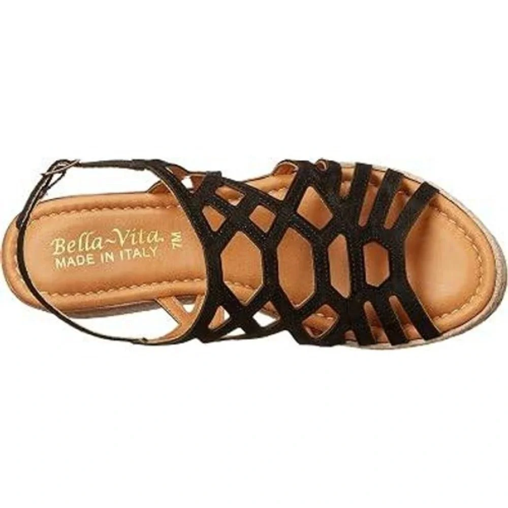 Bella Vita Italy Womens Black Suede Cage Wedge Espadrille Sandals Size 8.5 NEW